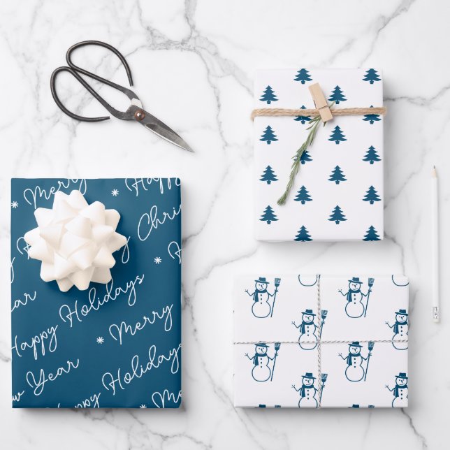 Cute Modern Blue Snowman Christmas Trees Script Wrapping Paper Sheet (Front)