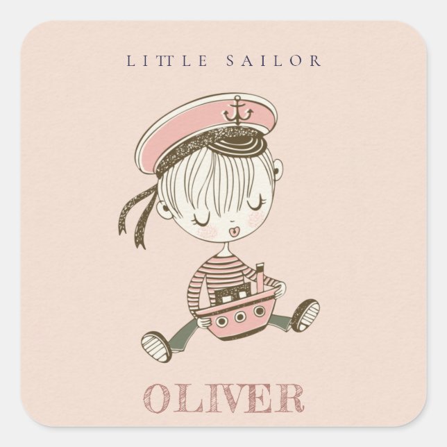Cute Modern Blush Pink Girl Little Sailor Nautical Square Sticker (Front)