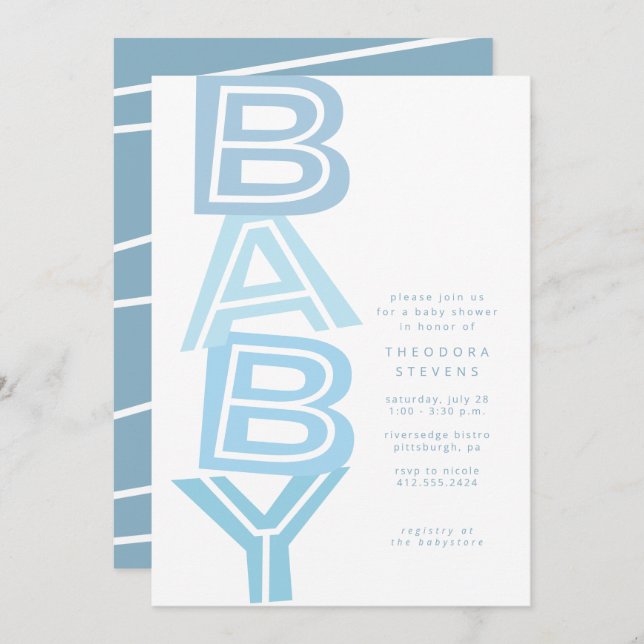 Cute modern bold light blue boy baby shower invitation (Front/Back)