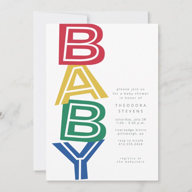 Cute modern bold primary colours baby shower invitation (Front)