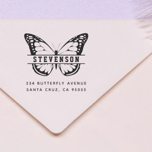 Cute Modern Butterfly Last Name Return Address Rubber Stamp