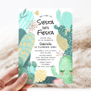 Cute Modern Cactus 'Let's Fiesta' 1st Birthday Invitation