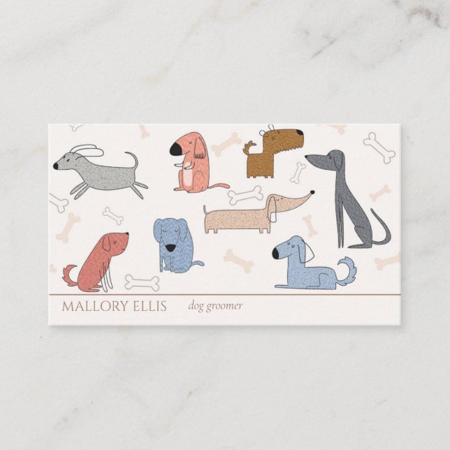 Cute Modern Cartoon Dogs | Pet Sitter Groomer Business Card (Front)