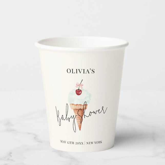 Cute Modern Cherry Scoop Ice Cream Baby Shower  Paper Cups (Front)