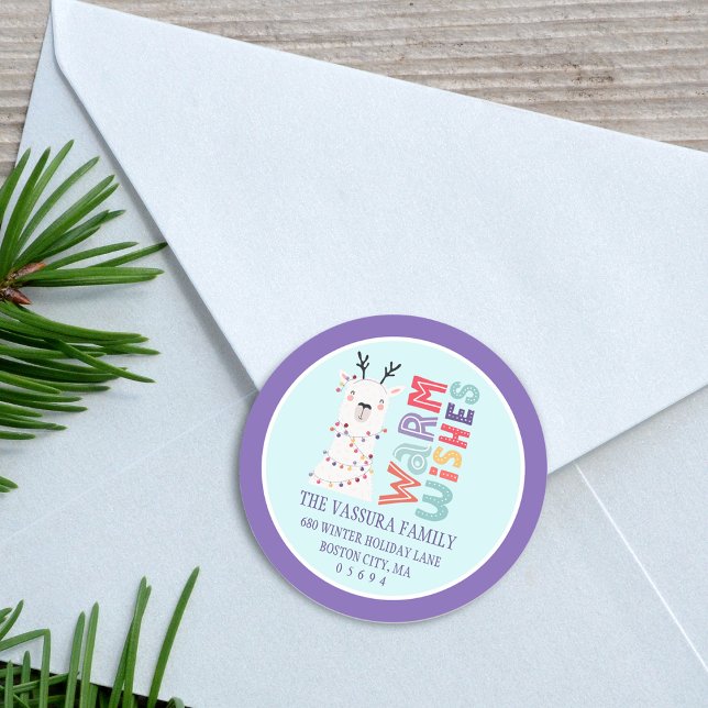 Cute Modern Christmas Llama Return Address Classic Round Sticker (Cute Modern Christmas Llama Return Address Classic Round Sticker)