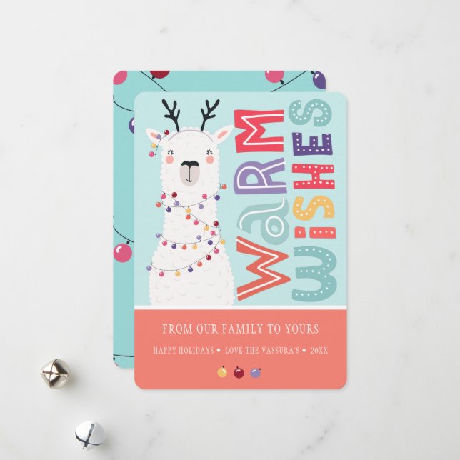Cute Modern Christmas Llama String Lights Holiday Card (Front/Back In Situ)