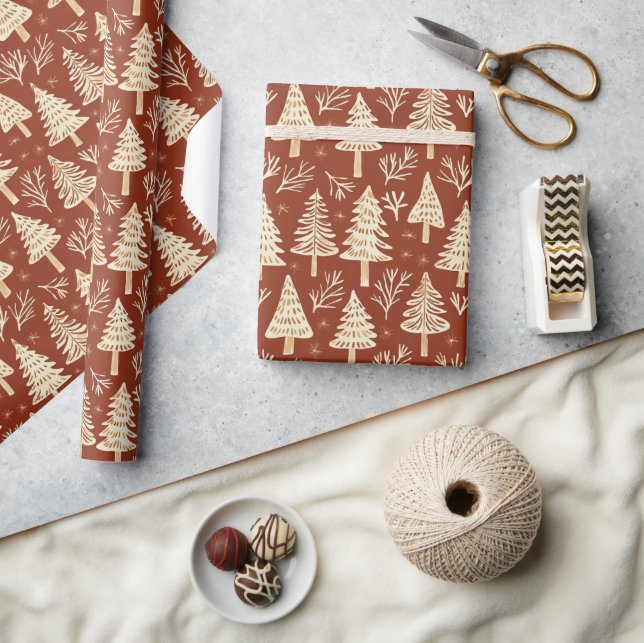 Cute Modern Christmas Tree Pattern Red White  Wrapping Paper (Crafts)