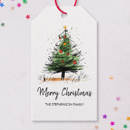 Cute Modern Christmas Tree Sketch Gift Tags