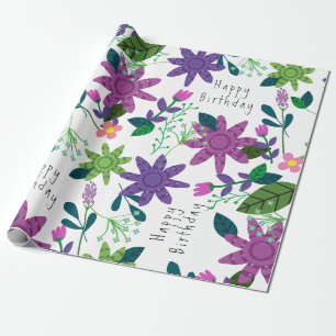 Cute Modern Colourful Floral Happy Birthday Wrapping Paper