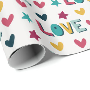 Cute Modern Colourful Love and Hearts Pattern Wrapping Paper