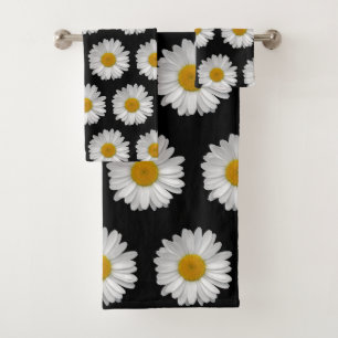 Cute Modern Daisy Flower Pattern on Black Bath Towel Set