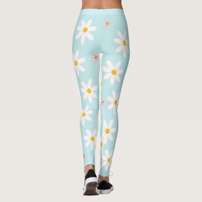 Cute Modern Daisy lily flower Rustic seamless  Leggings (Back)