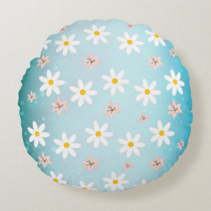 Cute Modern Daisy lily flower Rustic seamless Round Cushion