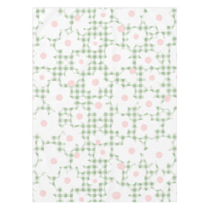Cute Modern Daisy Pattern on Sage Gingham Plaid Tablecloth
