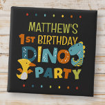 Cute Modern Dino Dinosaur Kid's Birthday Party 15 Cm Square Badge<br><div class="desc">Composed of fun sans serif handwritten typography; Cute T-REX dinosaurs in the backgroud

This is designed by Select Party Supplies,  exclusive for Zazzle.

Available here:
http://www.zazzle.com/store/selectpartysupplies</div>