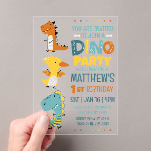 Cute Modern Dino Dinosaur Kid's Birthday Party Acrylic Invitations