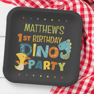 Cute Modern Dino Dinosaur Kid's Birthday Party Paper Plate