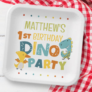 Cute Modern Dino Dinosaur Kid's Birthday Party Paper Plate