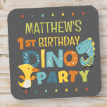 Cute Modern Dino Dinosaur Kid's Birthday Party Square Sticker<br><div class="desc">Composed of fun sans serif handwritten typography; Cute T-REX dinosaurs in the backgroud

This is designed by Select Party Supplies,  exclusive for Zazzle.

Available here:
http://www.zazzle.com/store/selectpartysupplies</div>