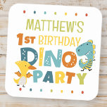 Cute Modern Dino Dinosaur Kid's Birthday Party Square Sticker<br><div class="desc">Composed of fun sans serif handwritten typography; Cute T-REX dinosaurs in the backgroud

This is designed by Select Party Supplies,  exclusive for Zazzle.

Available here:
http://www.zazzle.com/store/selectpartysupplies</div>