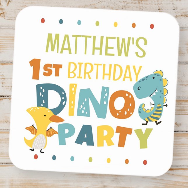 Cute Modern Dino Dinosaur Kid's Birthday Party Square Sticker (Creator Uploaded)