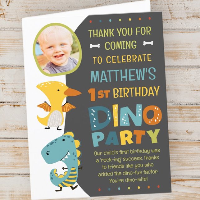 Cute Modern Dinosaur Kid's Photo Birthday Party Thank You Card (Creator Uploaded)