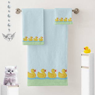 Cute Modern Ducklings on Light Blue & Light Green Bath Towel Set