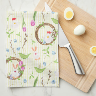 Cute Modern Easter Bunny Chick Floral Pattern Tea Towel