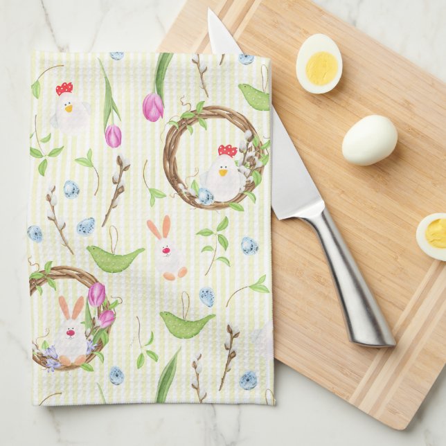 Cute Modern Easter Bunny Chick Floral Pattern Tea Towel (Quarter Fold)