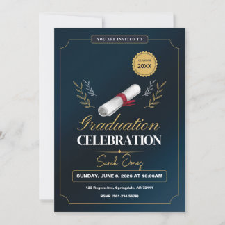 Cute Modern Elegant Navy Blue White Graduation  Invitation