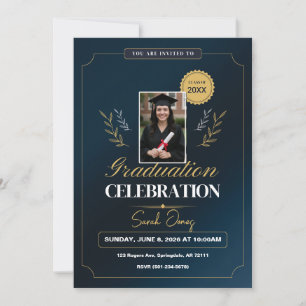 Cute Modern Elegant Navy Blue White Graduation Invitation