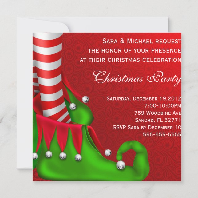 Cute Modern Elf Shoe Christmas Party Invitation (Front)