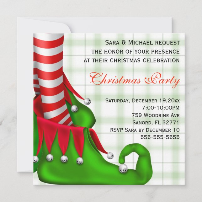 Cute Modern Elf Shoe Christmas Party Invitation (Front)