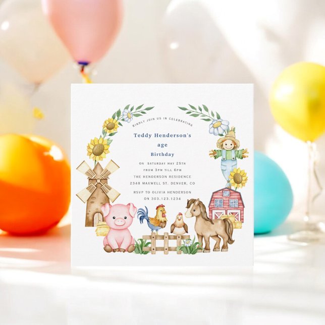 Cute modern farmyard kids birthday  invitation (cute fun farmyard animals any age kids  birthday invitation )