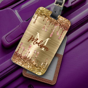 Cute modern Faux gold Glitter Drips monogram Luggage Tag