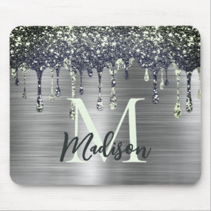 Cute modern Faux silver Glitter Drips monogram Mouse Pad