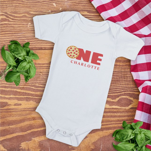 Cute Modern First Birthday Pizza Party Custom Name Baby Bodysuit (Creator Uploaded)