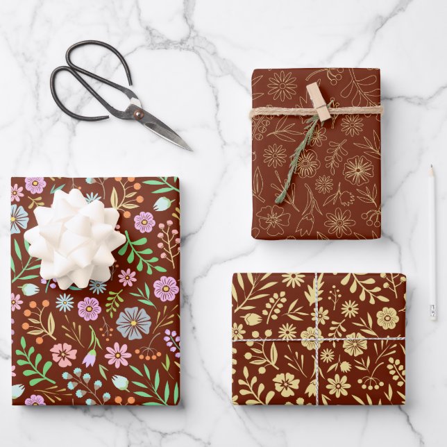 Cute Modern Floral Pattern Brown Line Art Wrapping Paper Sheet (Front)