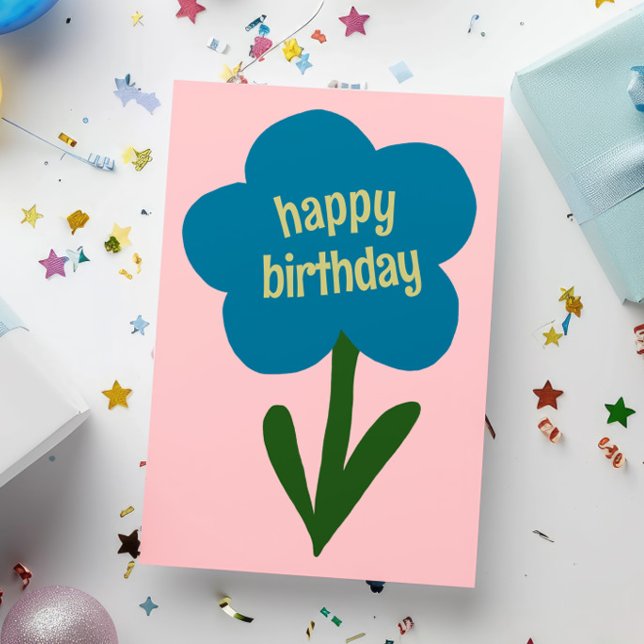 Cute Modern Flower Blue and Pink Happy Birthday Card (Creator Uploaded)
