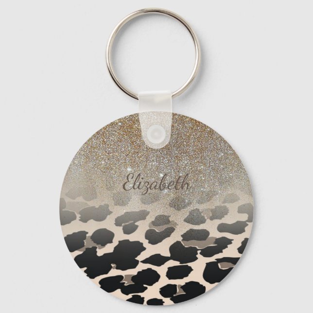 Cute  Modern Flowers On Leopard Print-Personalised Key Ring (Front)