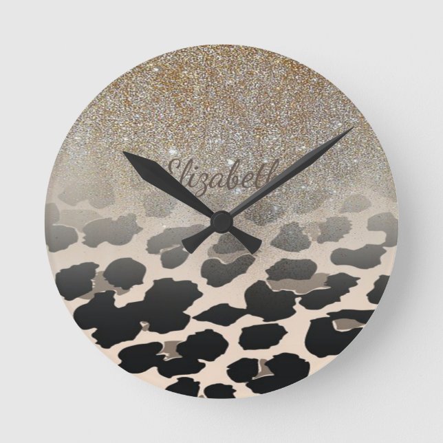 Cute  Modern Flowers On Leopard Print-Personalised Round Clock (Front)