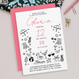 Cute Modern Fun Pool Party Summer Scribbles Doodle Invitation