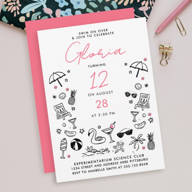 Cute Modern Fun Pool Party Summer Scribbles Doodle Invitation (Creator Uploaded)