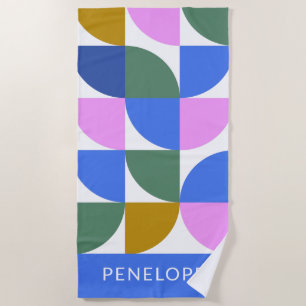 Cute Modern Geometric Shapes Blue Personalised Beach Towel