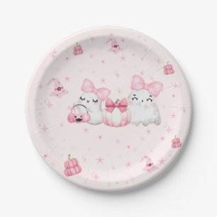 Cute Modern Ghost Halloween Birthday Party Pink Paper Plate