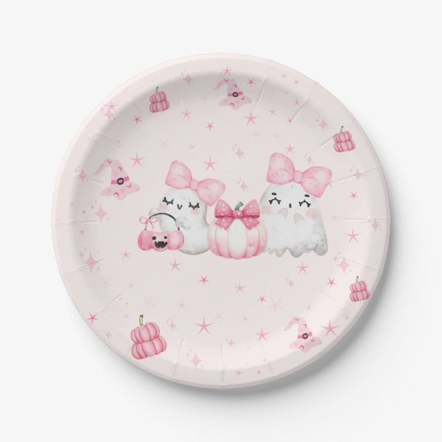 Cute Modern Ghost Halloween Birthday Party Pink Paper Plate (Front)
