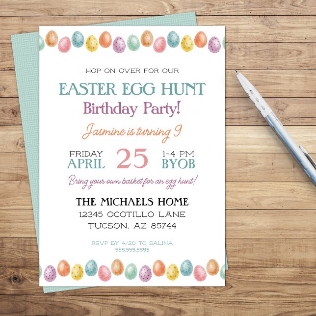 Cute Modern Girl or Boy Easter Birthday Invitation (fun easter birthday party invitation for boy or girl with simple easter egg border)
