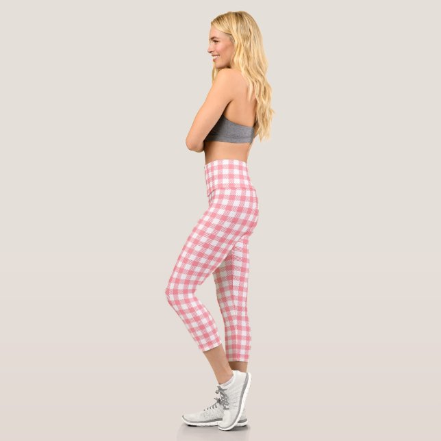 Cute Modern Girly White Pink Gingham Plaid Capri Leggings (Left)