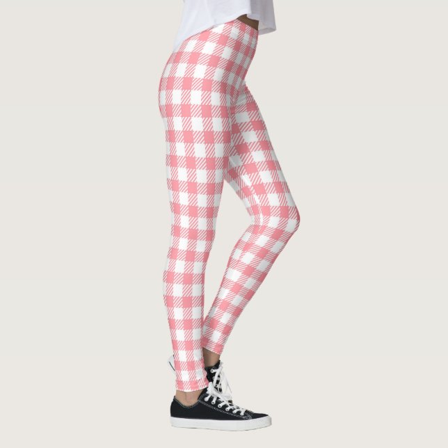 Cute Modern Girly White Pink Gingham Plaid Leggings (Right)