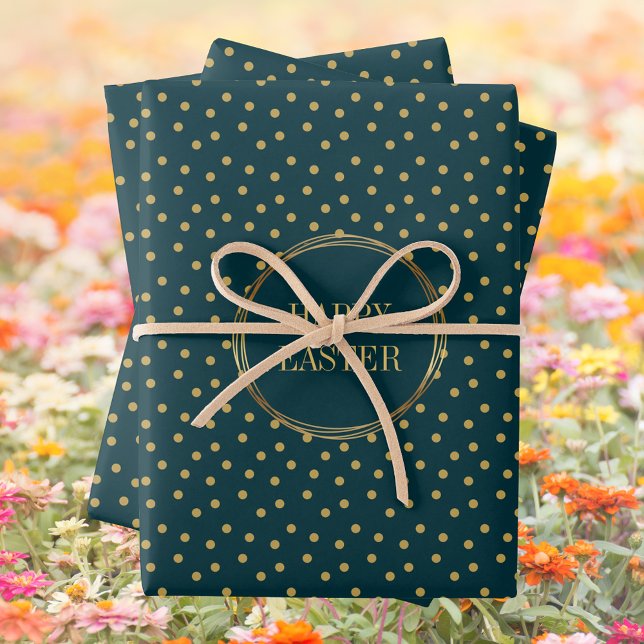 Cute Modern Gold Polka Dots Christian Happy Easter Wrapping Paper Sheet (Green Blue Elegant Cute Modern Gold Polka Dots Christian Happy Easter Wrapping Paper Sheets)